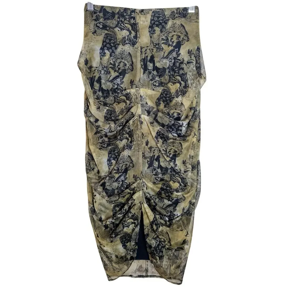 Basia Asian Toile Mesh Ruched Midi Skirt High Waist XS S